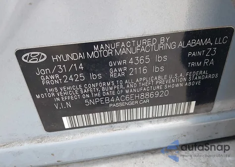 2014 Hyundai Sonata Gls from USA, damaged, VIN 5NPEB4AC6EH886920